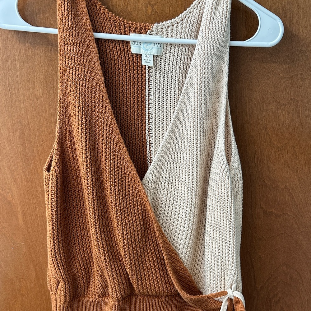 Elegant Knit Wrap Tank Top in Brown and Cream